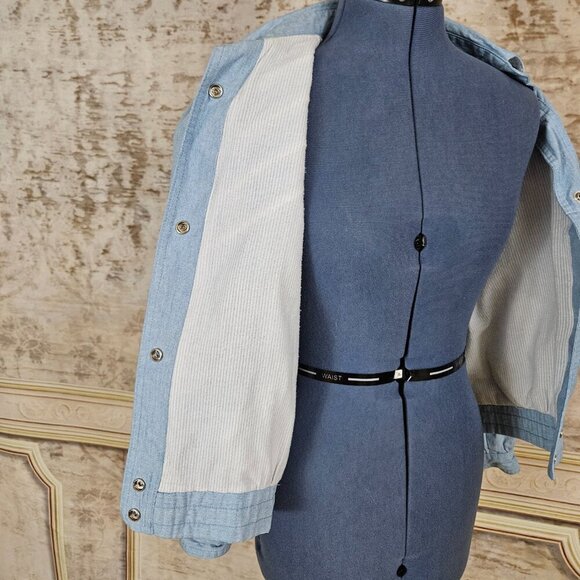 Vintage 1980s Blue Chambray Bomber Jacket Yoke vtg 80s Puff Sleeve S Light Denim - Picture 6 of 10